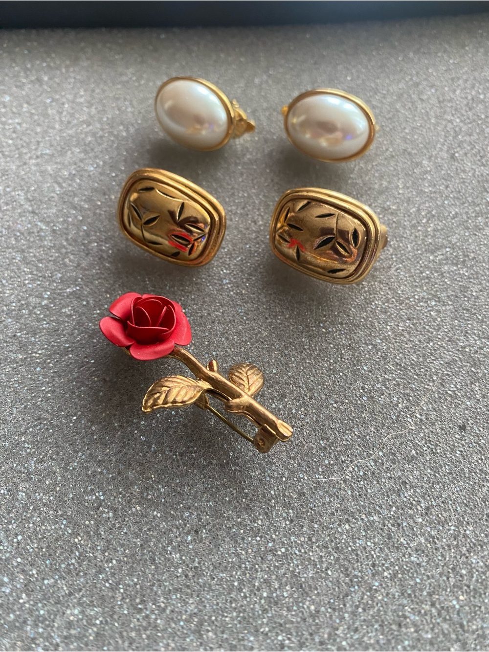 Gold Tone Rose Pin with Gold/Faux Pearl Clip Earring Set